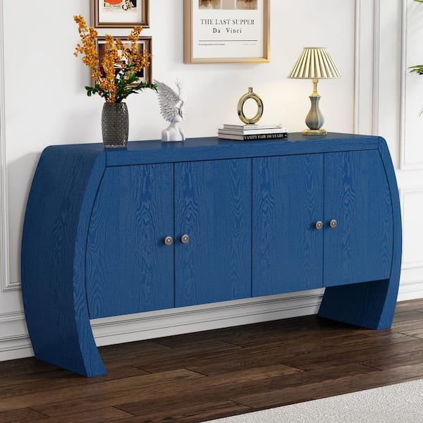 Harper & Bright Designs Curved Navy Wood 58.6 in. Sideboard with Adjustable Shelves and Brass Handles
