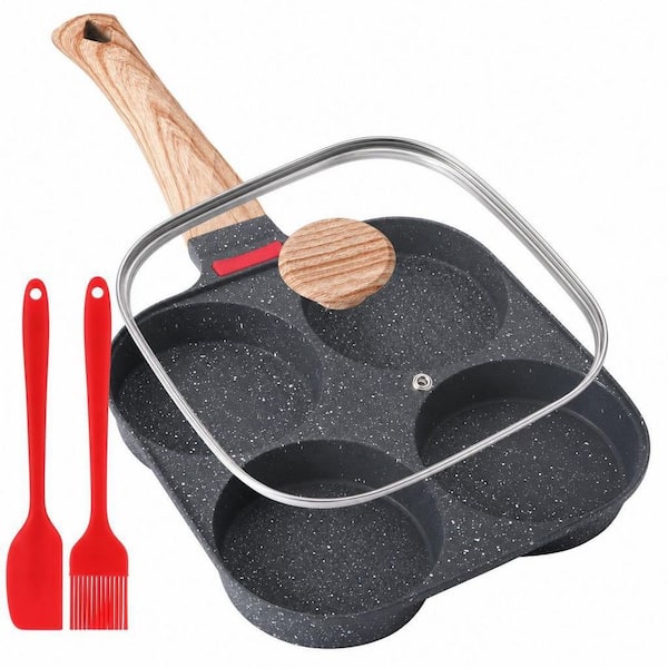 9 in. Black Aluminum Healthy Egg Frying Pan with Lid, 4-Cup Egg Pan for Breakfast, Egg Sandwich and Hamburger
