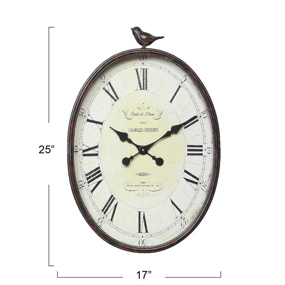 Antique Bronze Oval Metal Wall Clock with Bird