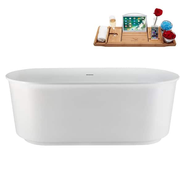Streamline 67 in. x 31 in. Acrylic Freestanding Soaking Bathtub in Glossy White with Matte Oil Rubbed Bronze Drain, Bamboo Tray