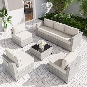 7-Piece Wicker Patio Outdoor Lounge Chairs Sectional Conversation Set with 5 in. High-Resiliency Seat Cushion Cream