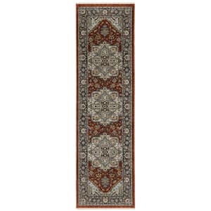 Ambrose Red/Blue 2 ft. x 8 ft. Traditional Oriental Medallion Polyester Fringe Edge Indoor Runner Area Rug