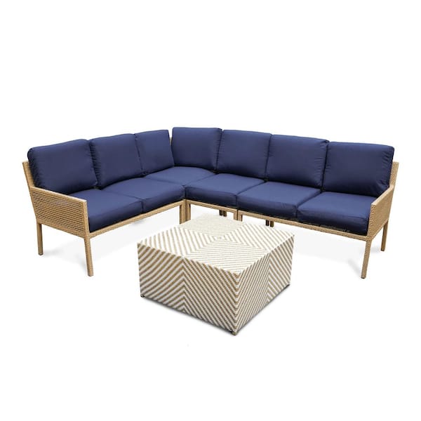 Leisure Made Riviera 5-Piece Wicker Outdoor Sectional with Navy Cushions