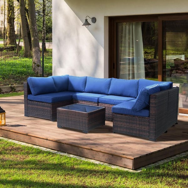 Decksplore 7-Piece Dark Blue Wicker Outdoor Furniture Conversation Set with Thick Cushions and Coffee Table