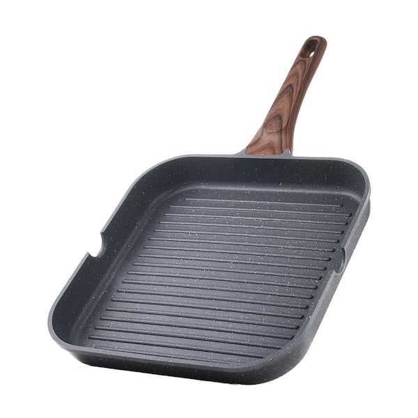 Black Die Cast Aluminum Nonstick Grill Pan w Pour Spouts, Raised Ribs and Cool Touch Handle for Indoor Outdoor Grilling