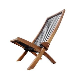Light Brown Folding Roping Wood Patio Outdoor Lounge Chair with High Slanted Back