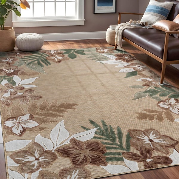 Eden 9 ft. x 12 ft. Beige  Washable Border Floral Indoor Outdoor Area Rug
