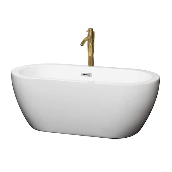 Wyndham Collection Soho 59.75 in. Acrylic Flatbottom Bathtub in White with Polished Chrome Trim and Brushed Gold Faucet