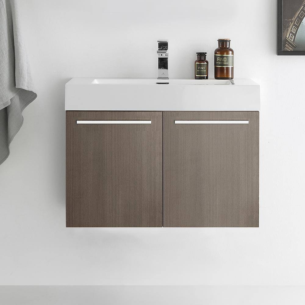 Gray Oak Wall-Mount Vanity with White Acrylic Sink