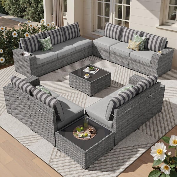 Lanora Gray 12-Piece PE Rattan Wicker Outdoor Patio Sectional Sofa Set with Dark Gray Stripe Cushion and Coffee Table