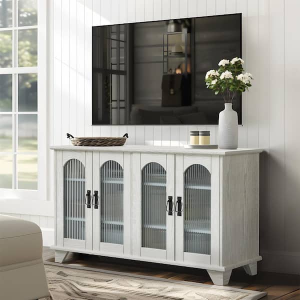 Dovelina 45 in. W x 26 in. H Antique Woodgrain White Media Storage Stands TV Stands with Arch Glass Door