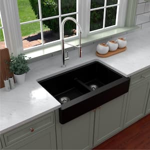 Retrofit Farmhouse/Apron-Front Quartz/Granite Composite 34 in. Double Offset Bowl Kitchen Sink in Black