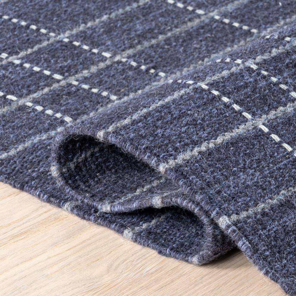 Handmade Blue Wool Rectangular Plaid Area Rug