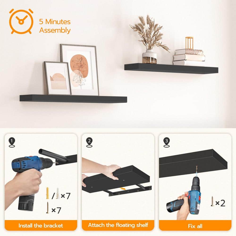31.5 Inch Black Wood Floating Wall Shelves Set of 2