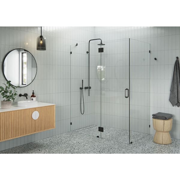 58 in. W x 38 in. D x 78 in. H Pivot Frameless Corner Shower Enclosure in Matte Black Finish with Clear Glass