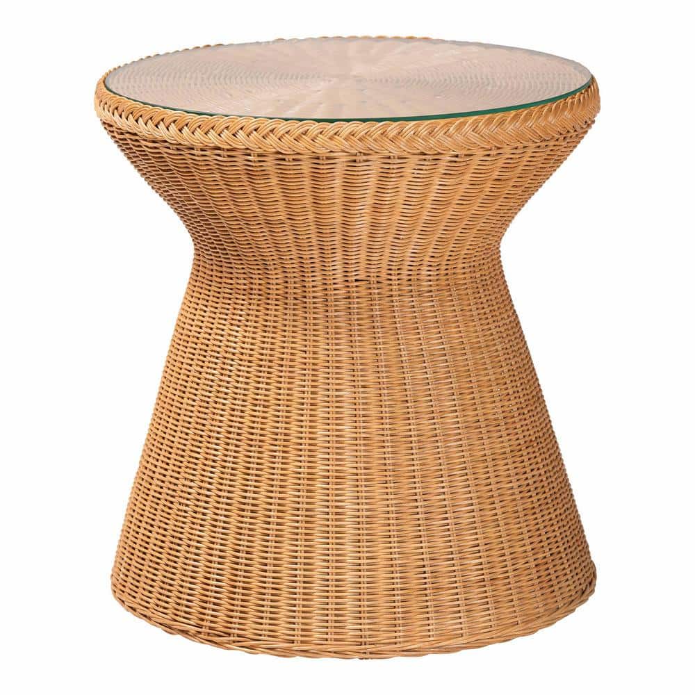 Nina 20.1 in. Light Honey Rattan Round Glass Top End Table