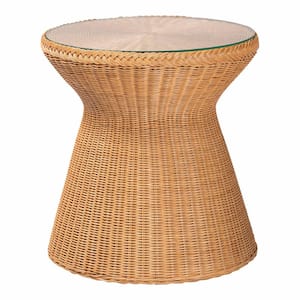 Nina 20.1 in. Light Honey Rattan Round Glass Top End Table