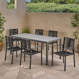 Gaviota Dark Grey 7-Piece Aluminum Rectangular Outdoor Dining Set with Tempered Glass Table Top and Black Rope Seat