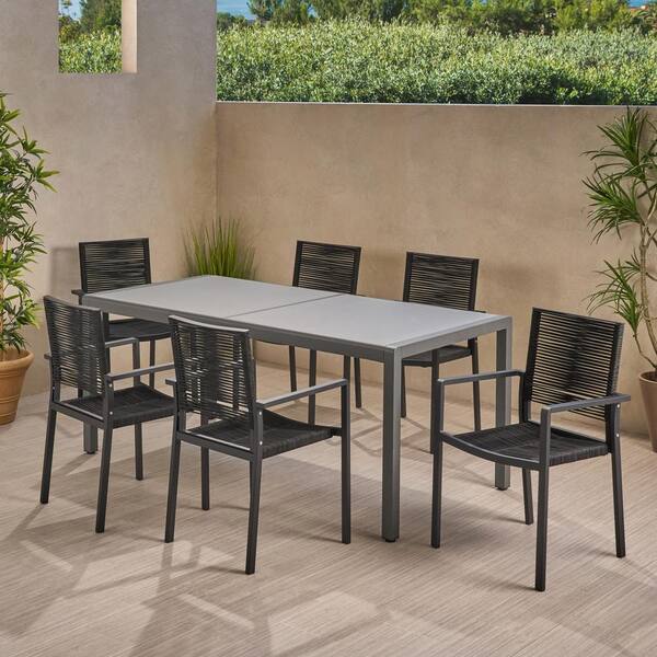 Noble House Gaviota Dark Grey 7-Piece Aluminum Rectangular Outdoor Dining Set with Tempered Glass Table Top and Black Rope Seat
