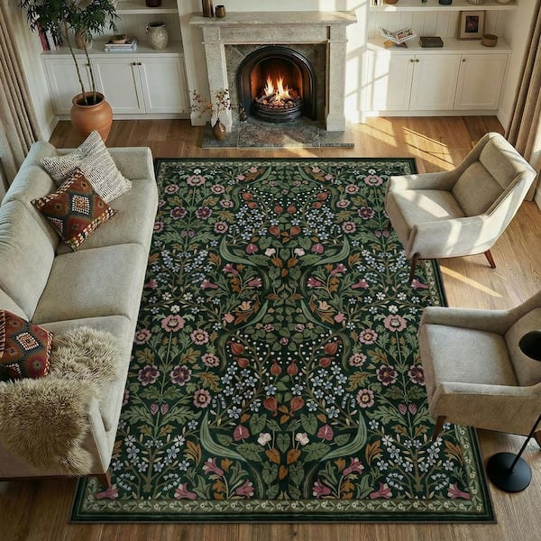 Multi-Colored Floral Plant Washable Green 8 ft. x 10 ft. Area Rug