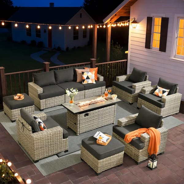 XIZZI Taylor 10-Piece Wicker Patio Rectangular Fire Pit Set with Black Cushions
