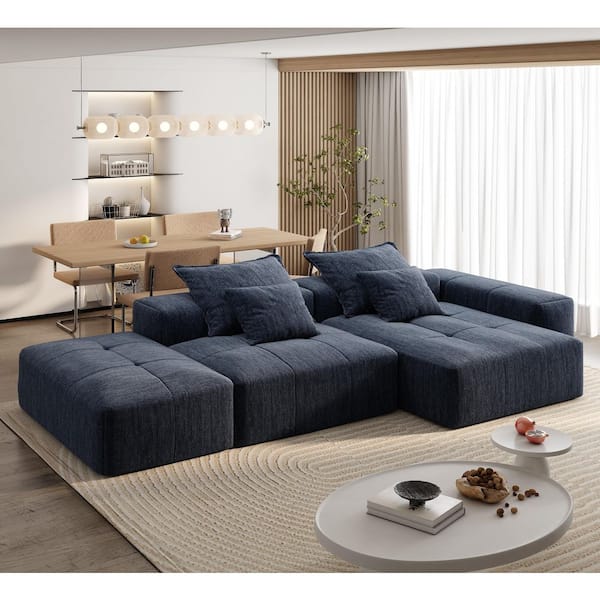 Harper & Bright Designs 127.56 in. Chenille Modular Foam-Filled Sectional Sofa in Blue with Removable Armrest, 4-Pillows, Ottoman, No Assembly