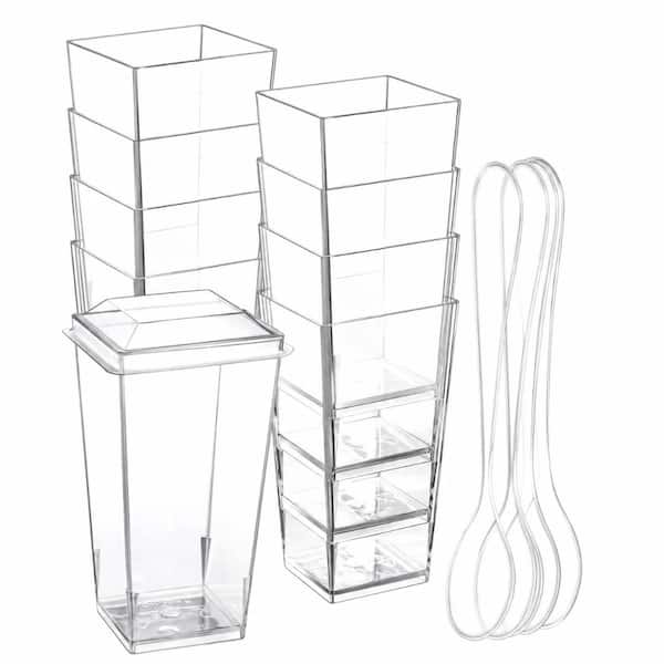 3 fl. oz. Clear Square Plastic Mini Dessert Cups with Lids and Spoons Set of 100 Dessert Sets