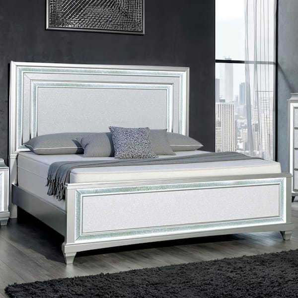 Igna Glam Silver Wood Frame Queen Panel Bed with LED on Headboard