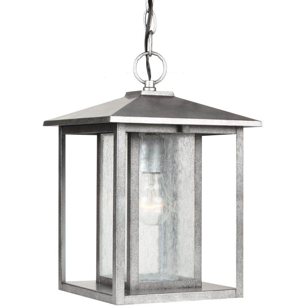 Hunnington 1-Light Outdoor Pendant in Weathered Pewter with Clear Seeded Glass