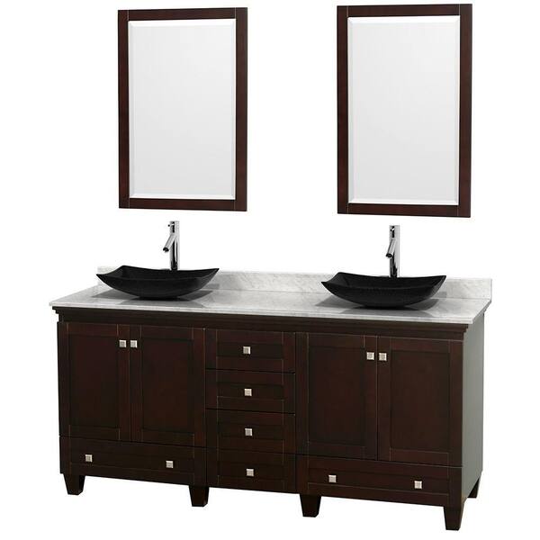 Wyndham Collection Acclaim 72 in. W Double Vanity in Espresso with Marble Vanity Top in Carrara White, Black Sinks and 2 Mirrors