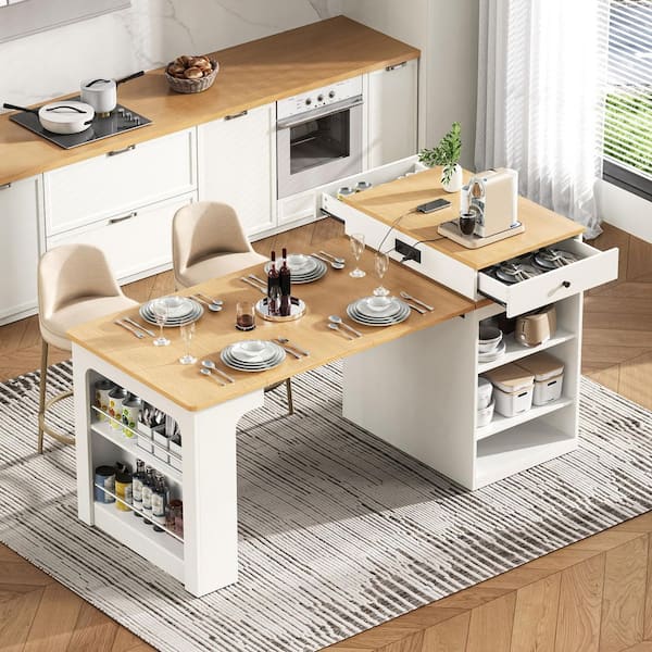 Ziyudura White Wood 59.5 in. Kitchen Island with Extendable Table