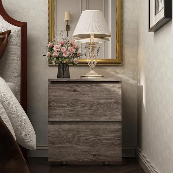 FUFU&GAGA Brown 2-Drawer Wood Grain Nightstands Side Table Bedside Table 18.9 in. H x 15.7 in. W x 11.6 in. D
