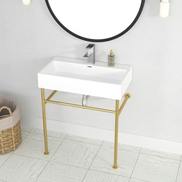 30 in. Ceramic White Single Bowl Console Sink Basin and Gold Leg Combo with Overflow and Pre-Drilled Faucet Hole