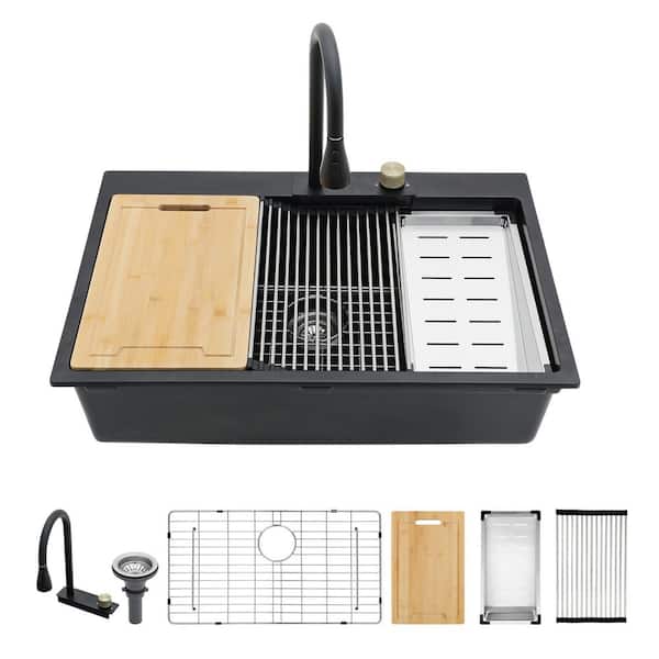 33 in. Drop-In Single Bowl Workstation Black Quartz Composite Kitchen Sink Round Corner with Faucet and Bottom Grid