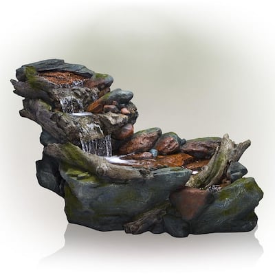 60 in. Long Outdoor 3-Tier Rainforest Rock River Water Fountain with LED Lights
