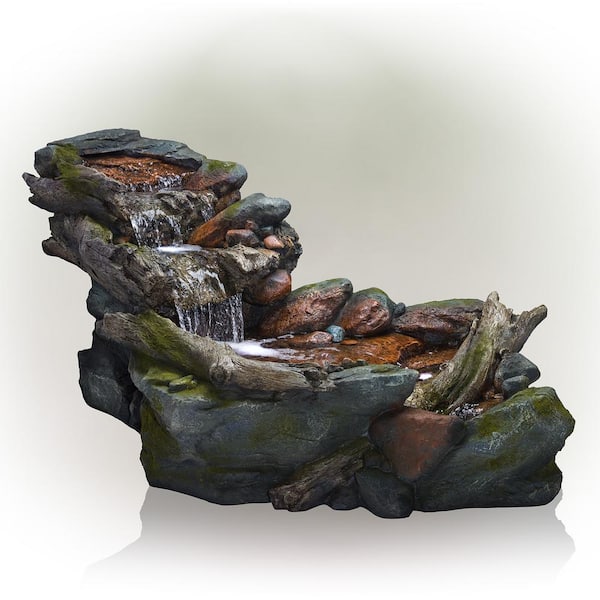 Alpine Corporation 60 in. Long Outdoor 3-Tier Rainforest Rock River Water Fountain with LED Lights