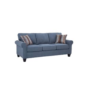 Indigo Series 82 in. Wide Rolled Arm Fabric Straight Sofa with 2 Accent Pillows in Indigo Blue