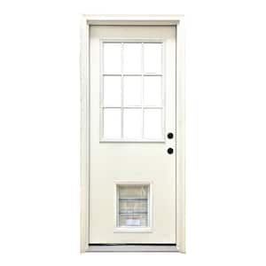 32 in. x 80 in. Reliant Series Clear 9 Lite LHIS White Primed Fiberglass Prehung Back Door with Large Pet Door