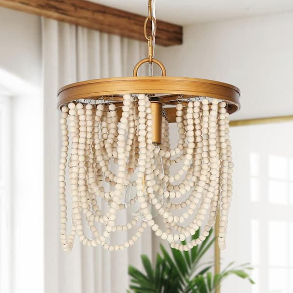 Uolfin 1-Light Antique Gold Island Pendant Light with Wood Beads