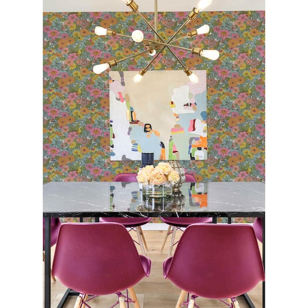 Retro Floral Pink and Aqua Peel and Stick Wallpaper