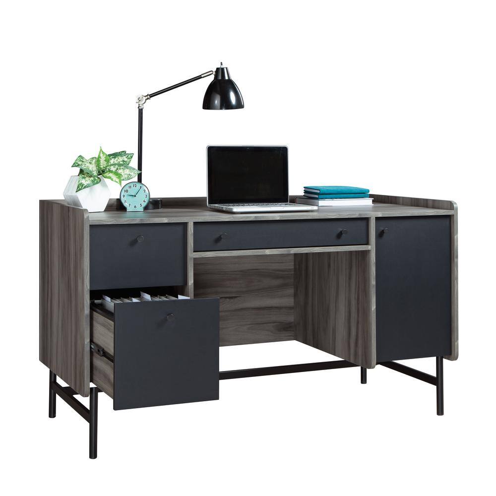 Executive Jet Acacia Double Pedestal Desk with Black Metal Accents