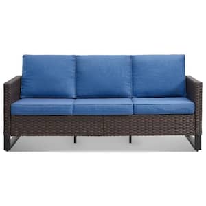 Valenta Brown Wicker Outdoor Couch with Blue Cushions
