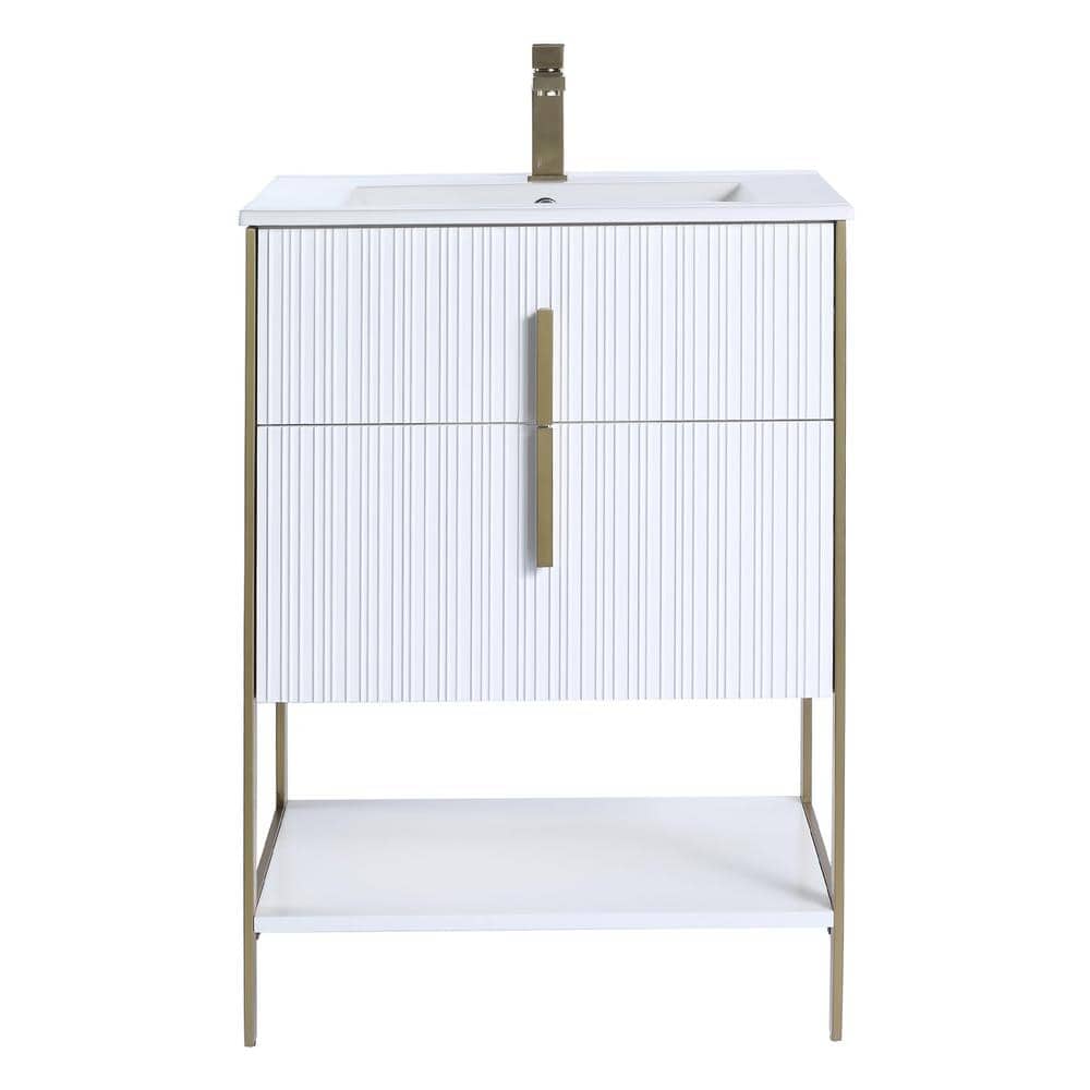 24 in. W x 18 in. D x 33.5 in. H White Bath Vanity Matte with Ceramic Sink Top in White with Satin Brass Hardware price history on PriceWatchPro