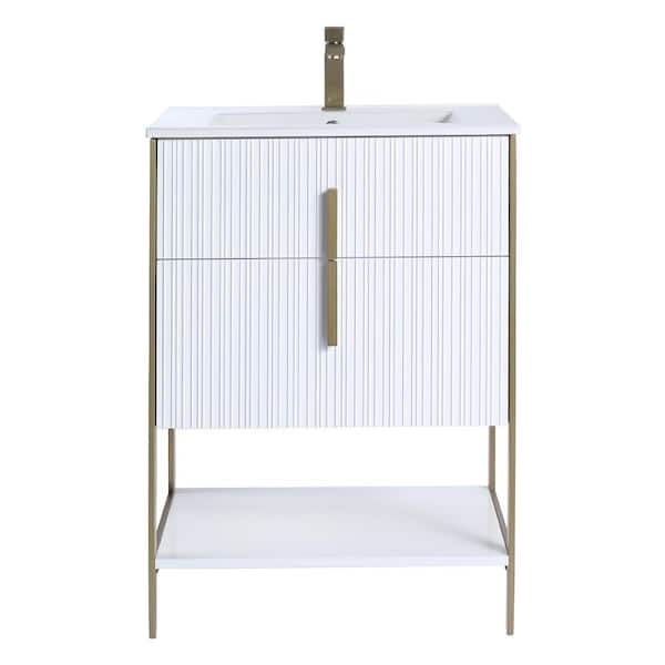 FINE FIXTURES 24 in. W x 18 in. D x 33.5 in. H White Bath Vanity Matte with Ceramic Sink Top in White with Satin Brass Hardware