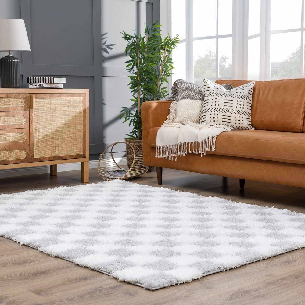Atira Light Gray and Cream Checkered Shag Area Rug 5'3" x 7'3"