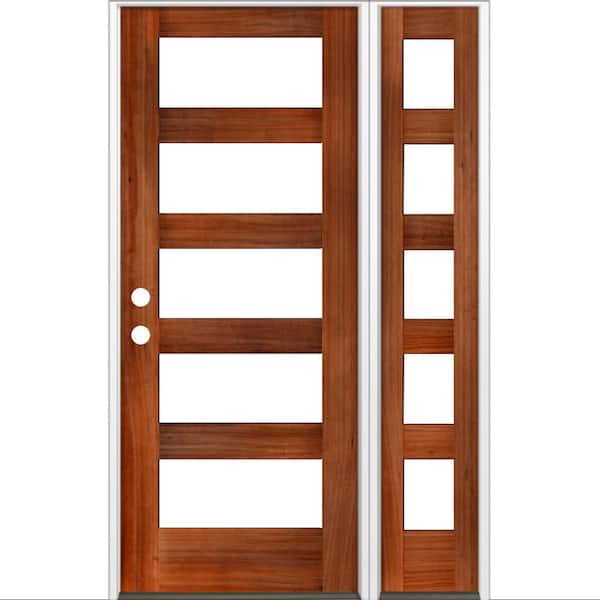 Krosswood Doors 50 in. x 80 in. Modern Hemlock Right-Hand/Inswing 5-Lite Clear Glass Red Chestnut Stain Wood Prehung Front Door