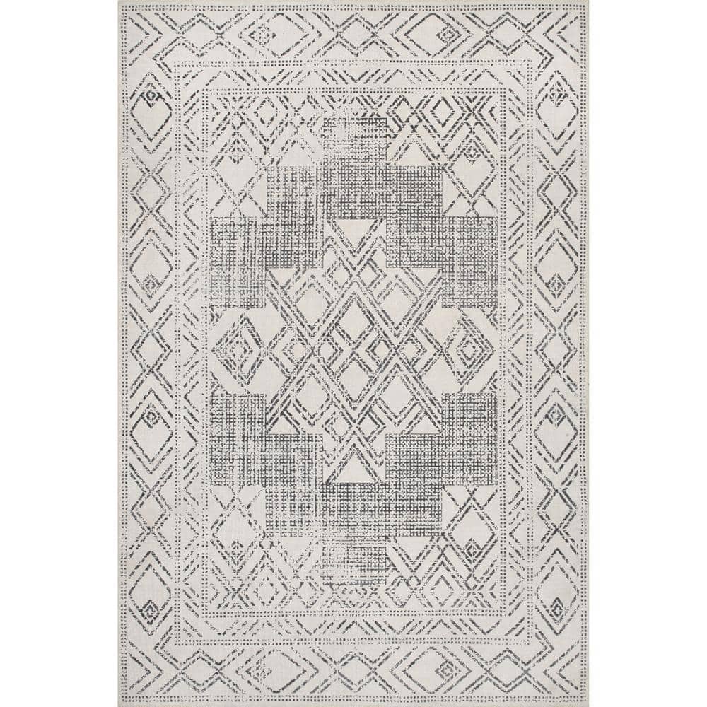 Mia Light Gray Synthetic Medallion Washable Area Rug
