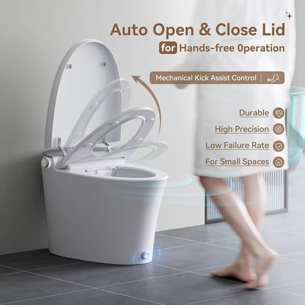 Hands-free Elongated Smart Bidet Toilet ‎1.1 GPF in White with Tank, Auto Open/Close Lid, Auto/Kick Flush, Heated Seat