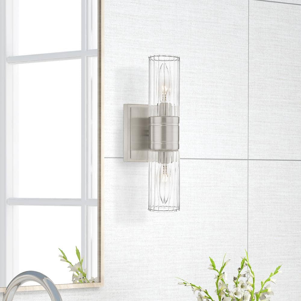 Midtown Brushed Nickel 2-Light Vanity with Clear Fluted Glass