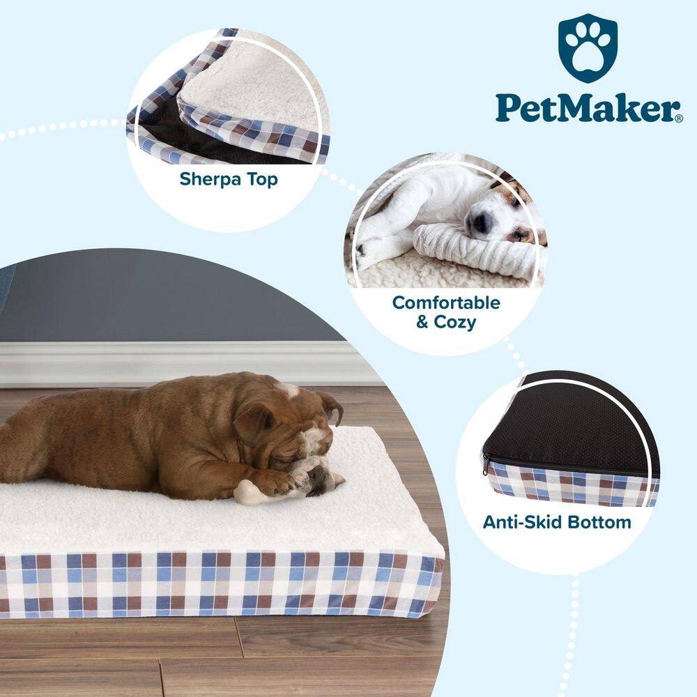 Medium Multicolored Plaid Memory Foam Dog Bed Cover with Sherpa Top